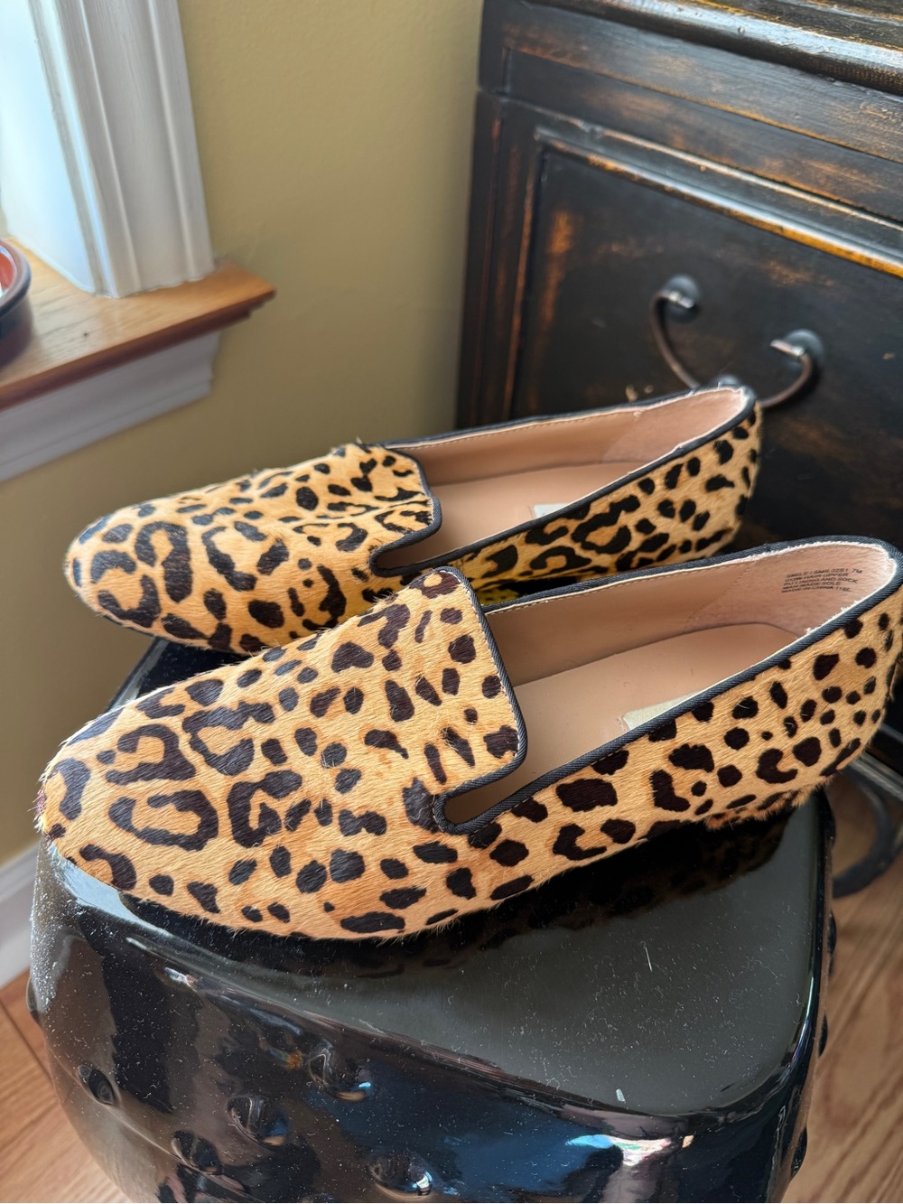 Steve Madden Leopard Calf Hair Loafers Smoking Slipper Flats Tan Black Brown 7M